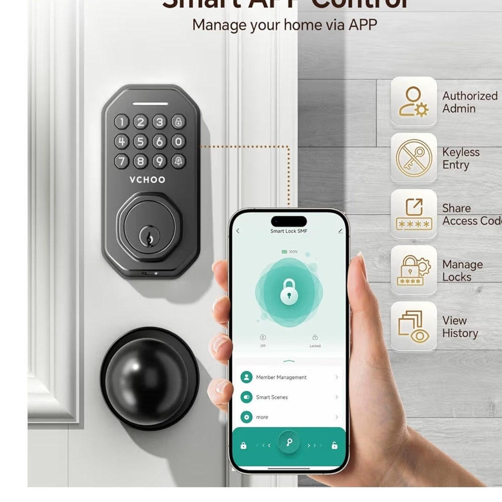 New! 3 In 1 Keyless Entry Door Lock w/Handle App Control, Keypad & Physical Key - Picture 5 of 12